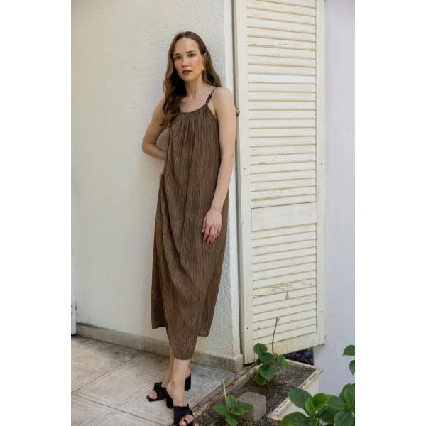 Boncuk Askılı Uzun Elbise-Kahve