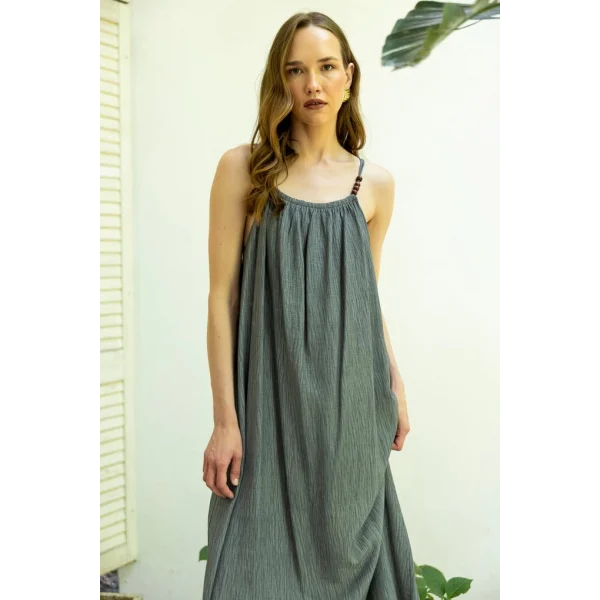 Boncuk Askılı Uzun Elbise-Antrasit