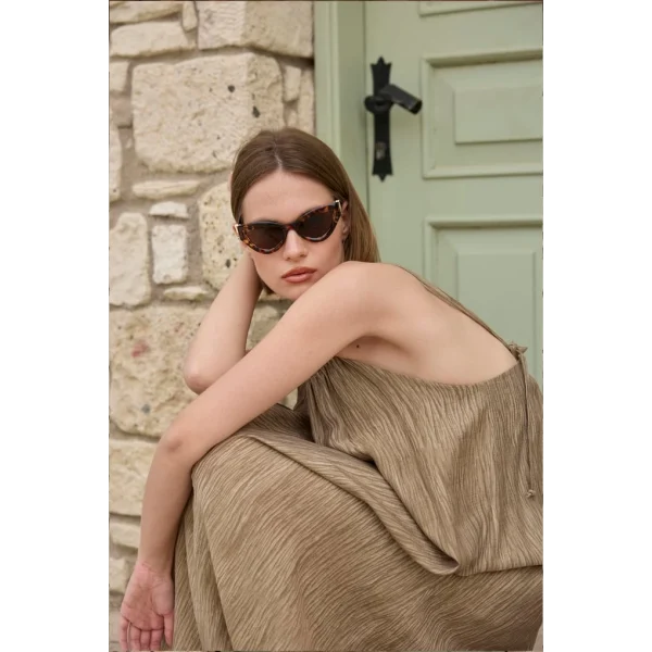 Boncuk Askılı Uzun Elbise-Taş