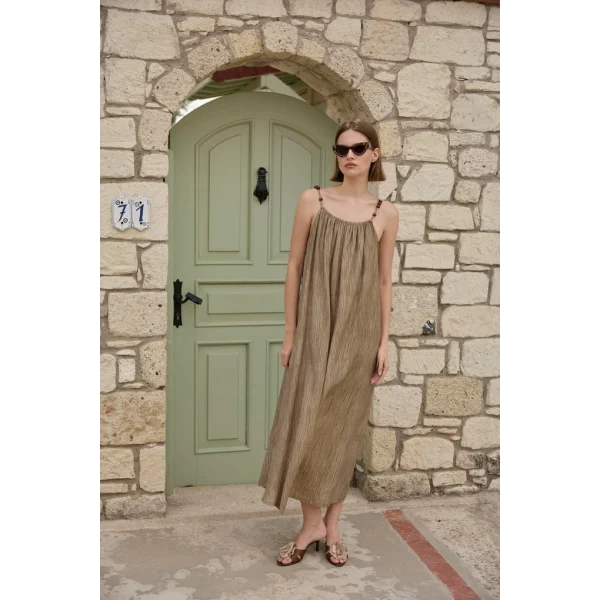 Boncuk Askılı Uzun Elbise-Taş