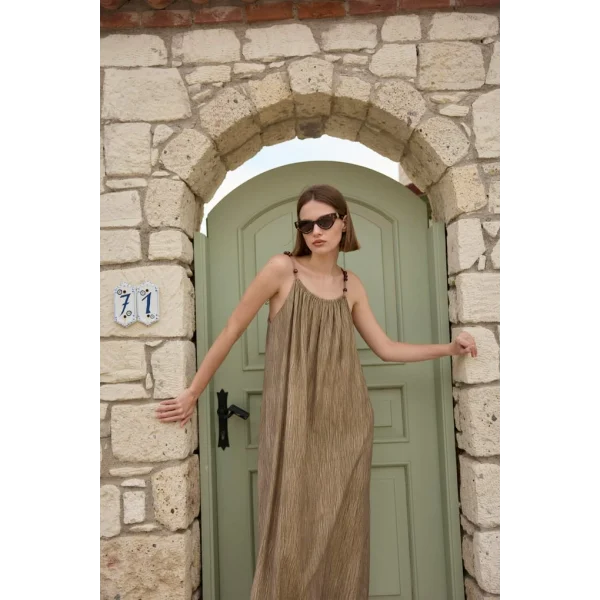 Boncuk Askılı Uzun Elbise-Taş