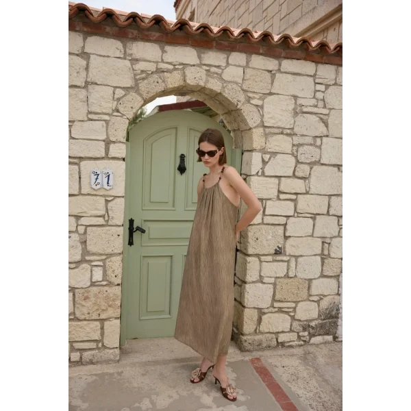 Boncuk Askılı Uzun Elbise-Taş