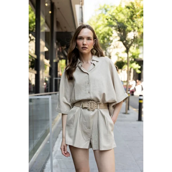 Premium Seri Keten Şort Gömlek Takım-Taş