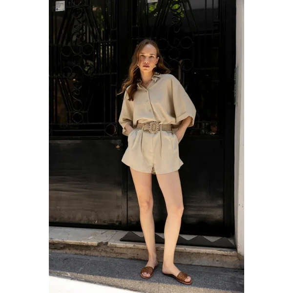 Premium Seri Keten Şort Gömlek Takım-Taş