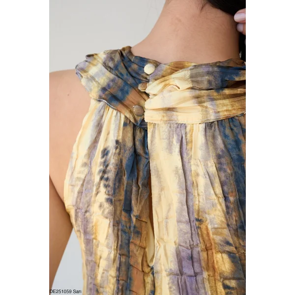 Sienna Batik Desenli Pliseli Maxi Elbise