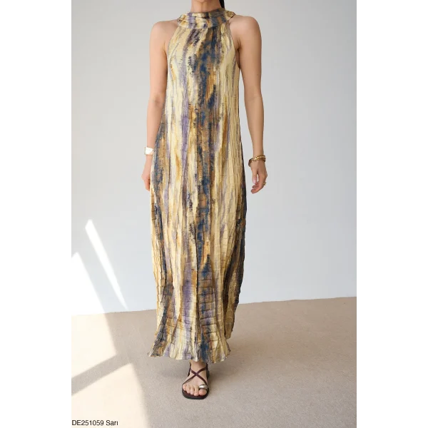 Sienna Batik Desenli Pliseli Maxi Elbise