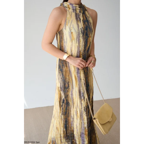 Sienna Batik Desenli Pliseli Maxi Elbise