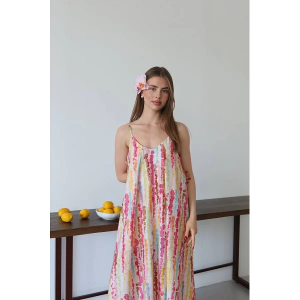 Limonata Puantiyeli Desenli Askılı Uzun Elbise