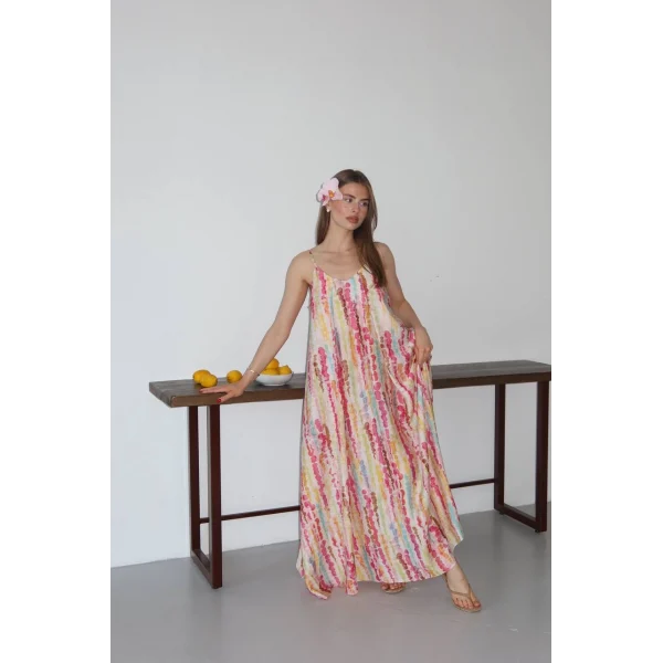 Limonata Puantiyeli Desenli Askılı Uzun Elbise