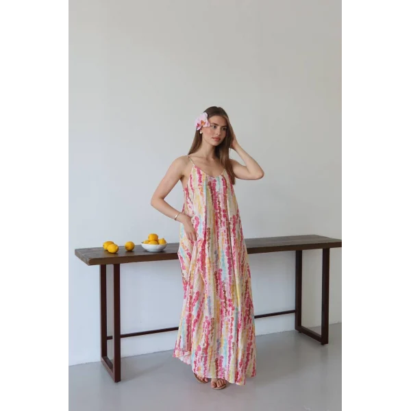 Limonata Puantiyeli Desenli Askılı Uzun Elbise