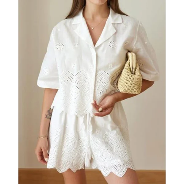 Premium Seri Gömlek Şort Takım-Beyaz