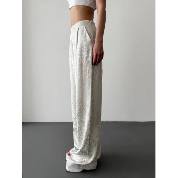 Leopar Desenli Saten Pantolon-Ekru