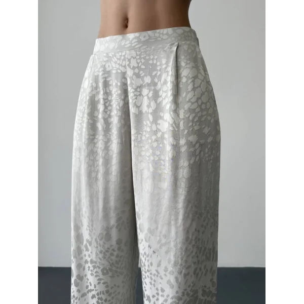 Leopar Desenli Saten Pantolon-Ekru