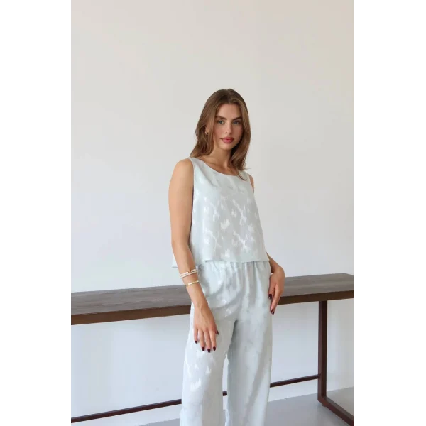 Desenli Jakar Saten Bluz Pantolon Takım-Mavi