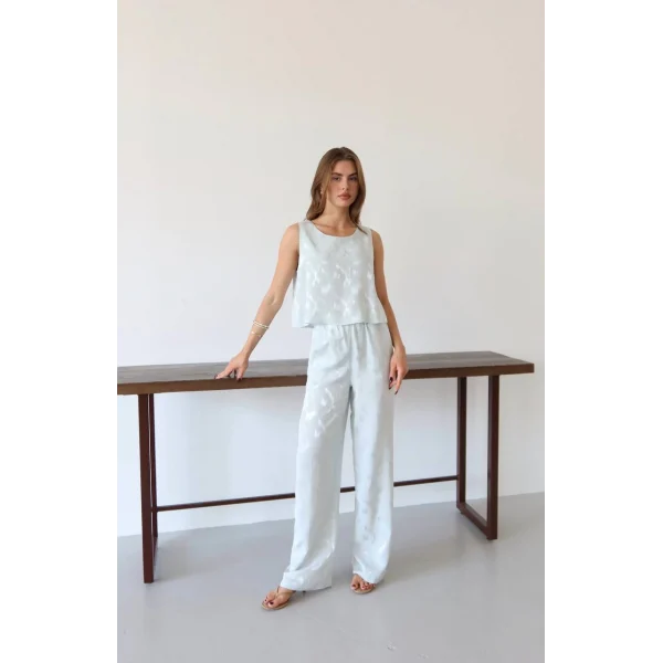 Desenli Jakar Saten Bluz Pantolon Takım-Mavi