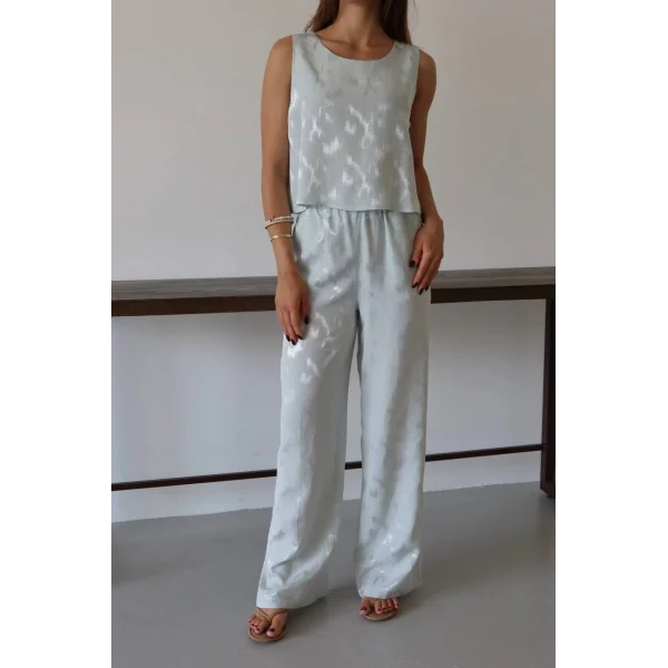 Desenli Jakar Saten Bluz Pantolon Takım-Mavi