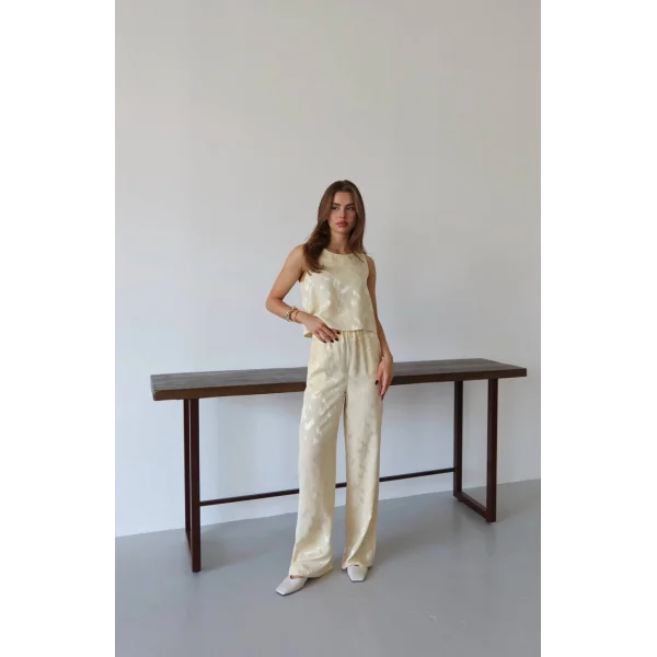 Desenli Jakar Saten Bluz Pantolon Takım-Sarı