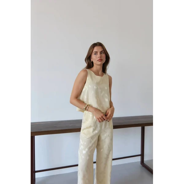 Desenli Jakar Saten Bluz Pantolon Takım-Sarı