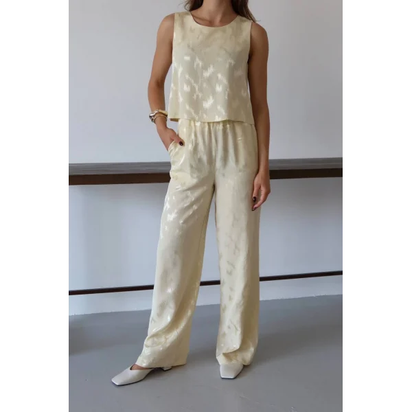 Desenli Jakar Saten Bluz Pantolon Takım-Sarı