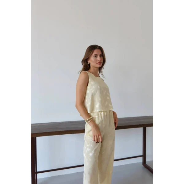 Desenli Jakar Saten Bluz Pantolon Takım-Sarı