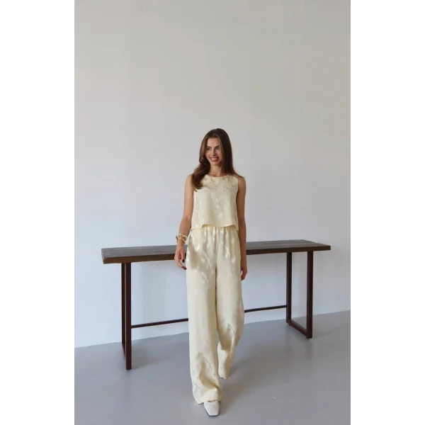 Desenli Jakar Saten Bluz Pantolon Takım-Sarı