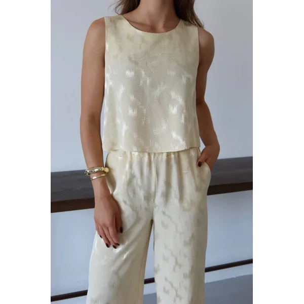 Desenli Jakar Saten Bluz Pantolon Takım-Sarı