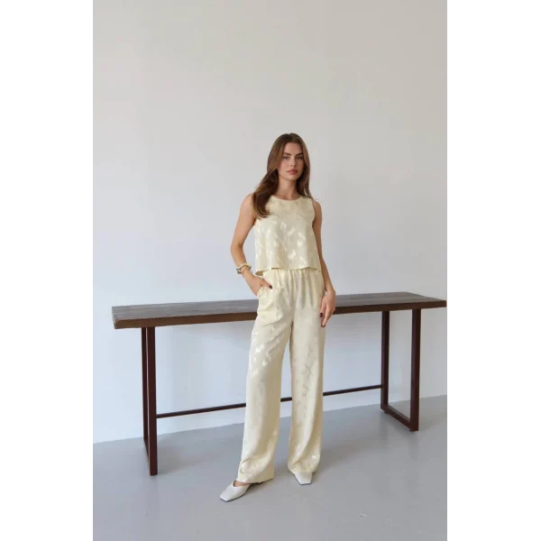 Desenli Jakar Saten Bluz Pantolon Takım-Sarı