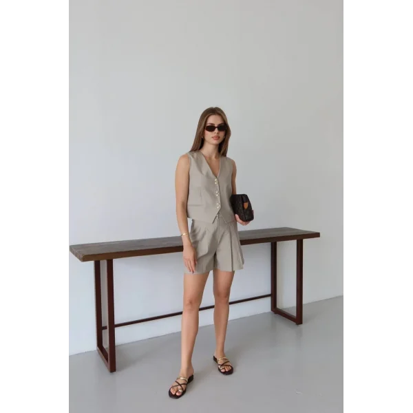 Keten Yelek Şort Takım-Vizon