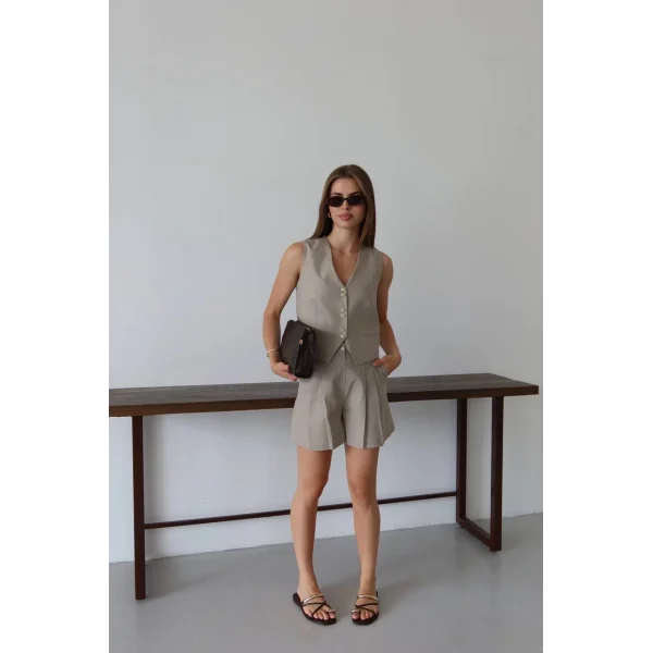 Keten Yelek Şort Takım-Vizon