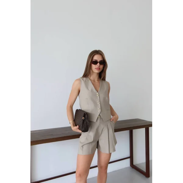 Keten Yelek Şort Takım-Vizon