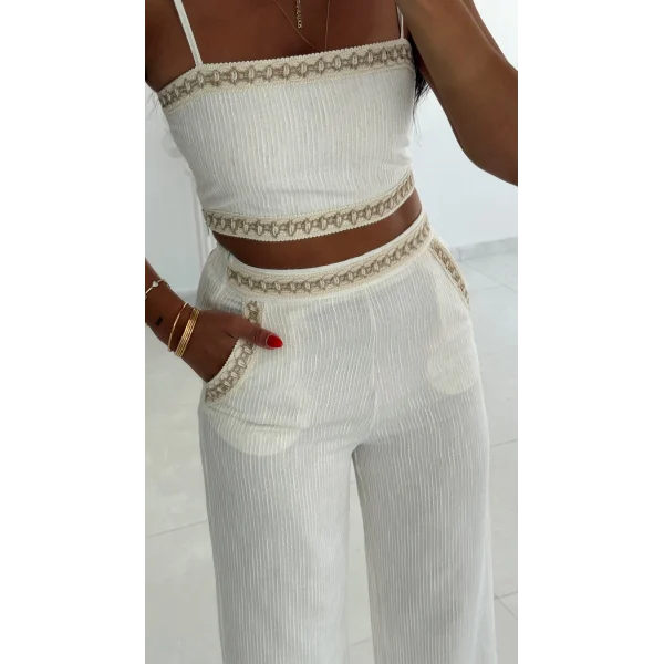 İşleme Detaylı Keten Pantolon-Ekru