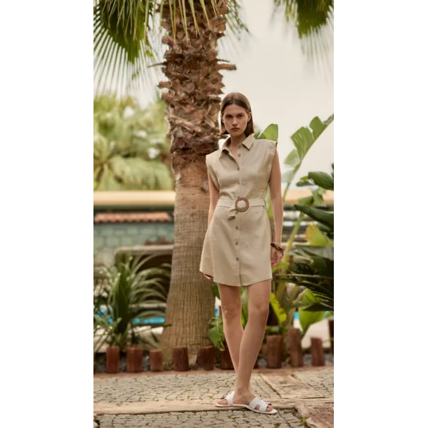 Kemerli Keten Elbise-Naturel