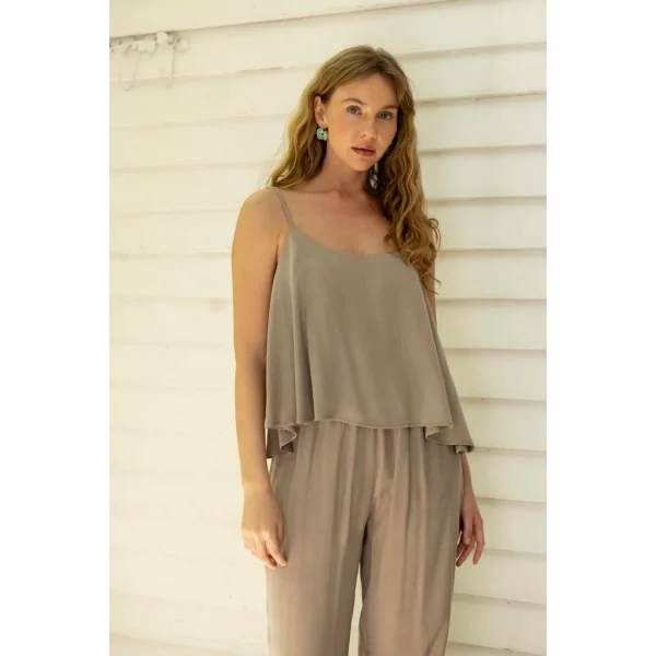 Premium Serisi Askılı Bluz Pantolon Takım-Vizon