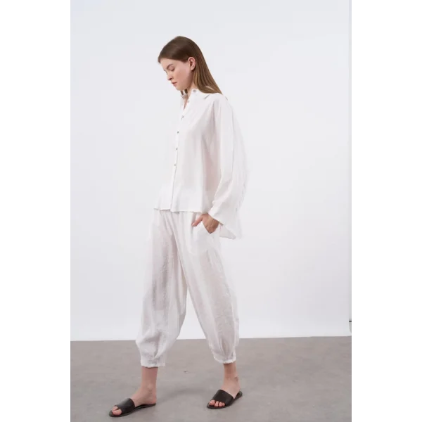 Modal Kumaş Gömlek Pantolon İkili Takım-Beyaz