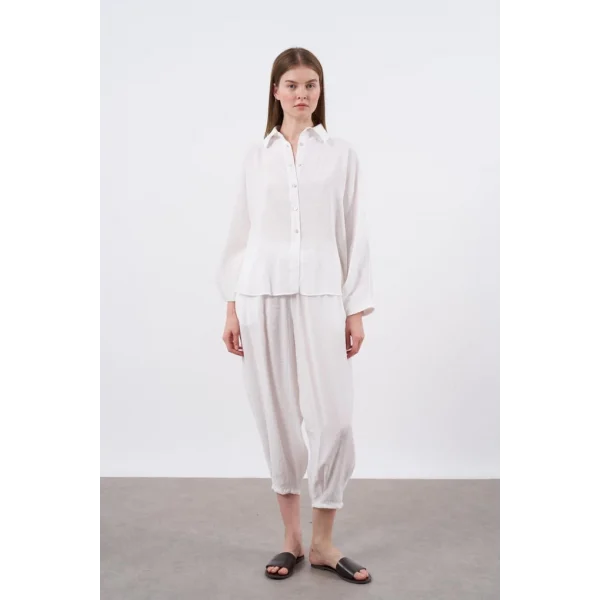 Modal Kumaş Gömlek Pantolon İkili Takım-Beyaz
