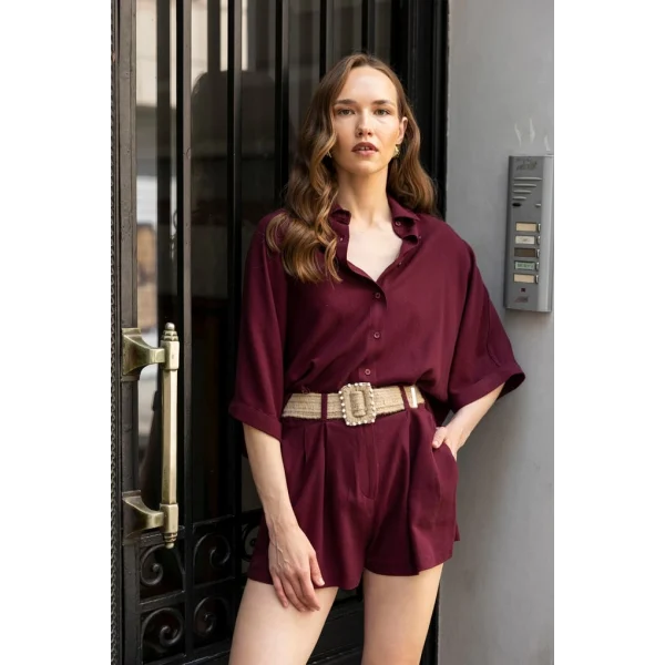 Premium Seri Keten Şort Gömlek Takım-Bordo