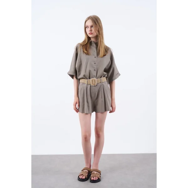 Premium Seri Keten Şort Gömlek Takım-Vizon