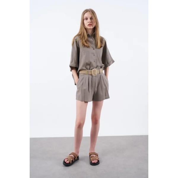 Premium Seri Keten Şort Gömlek Takım-Vizon