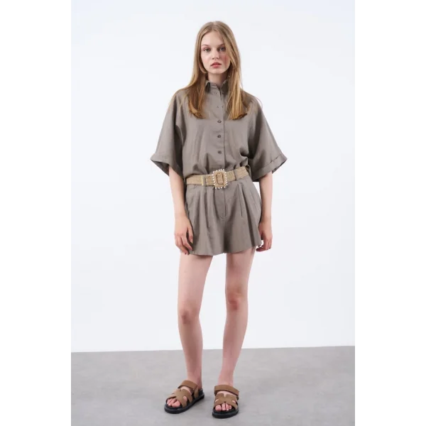 Premium Seri Keten Şort Gömlek Takım-Vizon