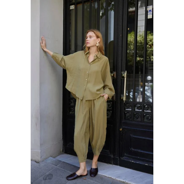 Modal Kumaş Gömlek Pantolon İkili Takım-Haki