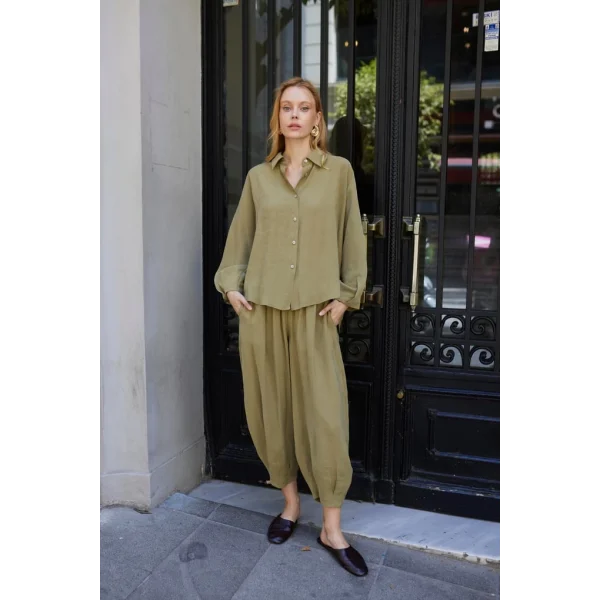 Modal Kumaş Gömlek Pantolon İkili Takım-Haki