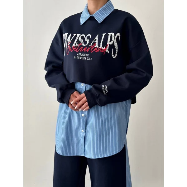 Çizgili Gömlek Garnili Yazı Baskılı Oversize Sweatshirt-Mavi