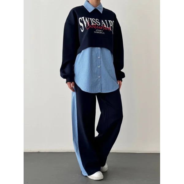 Çizgili Gömlek Garnili Yazı Baskılı Oversize Sweatshirt-Mavi