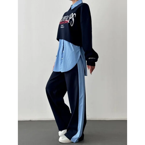 Çizgili Gömlek Garnili Yazı Baskılı Oversize Sweatshirt-Mavi