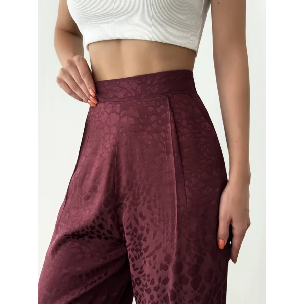 Leopar Desenli Saten Pantolon-Bordo