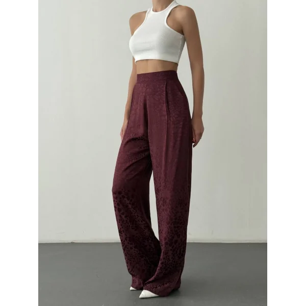 Leopar Desenli Saten Pantolon-Bordo