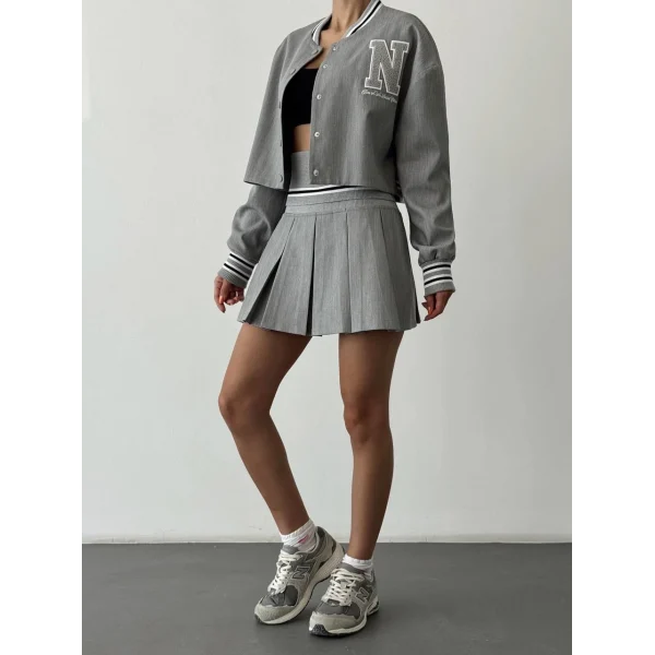 Harf Nakışlı Ribanalı Kısa Bomber Ceket-Gri