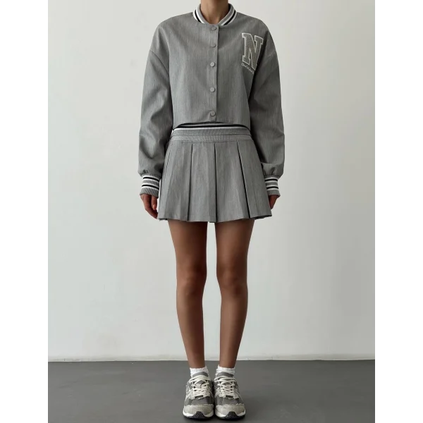 Harf Nakışlı Ribanalı Kısa Bomber Ceket-Gri