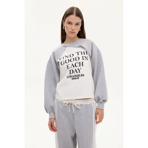 Match Detay Yazılı Bisiklet Yaka Sweatshirt-Gri