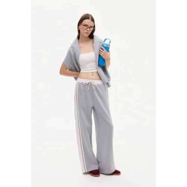 Blok Renkli Beli Lastikli Bol Paça Eşofman-Gri